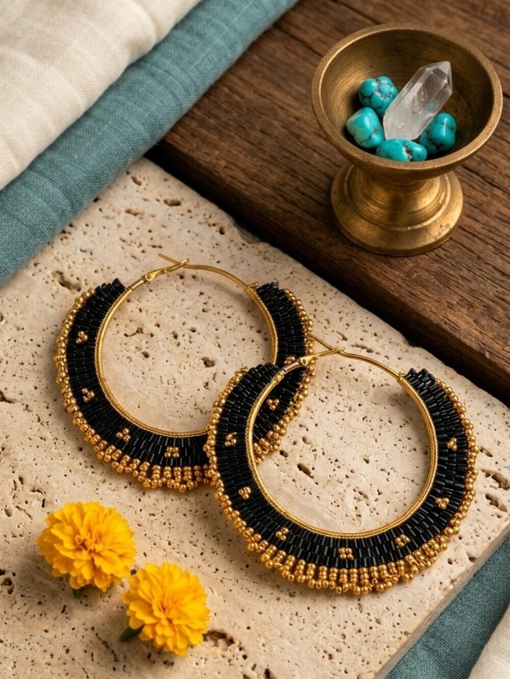 Indian Artisan Beaded Boho Chic Stylish Handmade Statement‎ Hoop Earrings